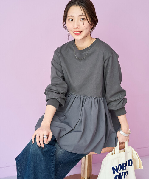 FREAK'S STORE（フリークスストア）の「限定展開　カットソー 布帛 ドッキング ティアード 切り替え プルオーバー（Tシャツ/カットソー・レディース・ベージュ/ピンク/ブラック/ブルーグレー/オフホワイト・ﾌﾘ-）」の9枚目の写真