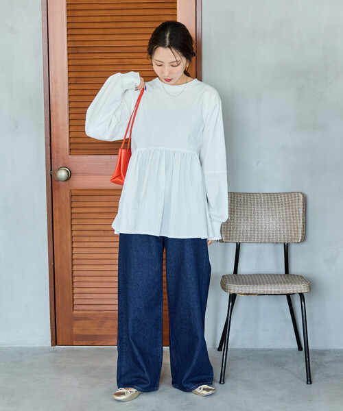 FREAK'S STORE（フリークスストア）の「限定展開　カットソー 布帛 ドッキング ティアード 切り替え プルオーバー（Tシャツ/カットソー・レディース・ベージュ/ピンク/ブラック/ブルーグレー/オフホワイト・ﾌﾘ-）」の11枚目の写真