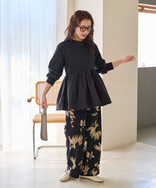 限定展開 カットソー 布帛 ドッキング ティアード 切り替え プル