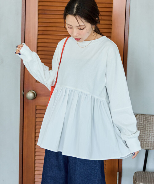 FREAK'S STORE（フリークスストア）の「限定展開　カットソー 布帛 ドッキング ティアード 切り替え プルオーバー（Tシャツ/カットソー・レディース・ベージュ/ピンク/ブラック/ブルーグレー/オフホワイト・ﾌﾘ-）」の16枚目の写真