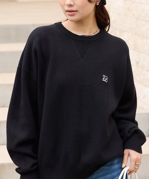 セール】スウェットライク クルーネック ニットプルオーバー