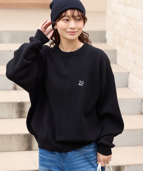 セール】スウェットライク クルーネック ニットプルオーバー