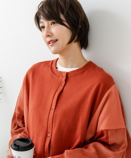 fort point(フォーポイント)の「【C-FORT POINT/フォートポイント】コーデュロイ ワッフル 切り替え カーディガン(カーディガン/ボレロ・レディース・ブルー/杢グレー/レンガ/チャコールグレー/カーキ・FREE)」の2枚目の写真