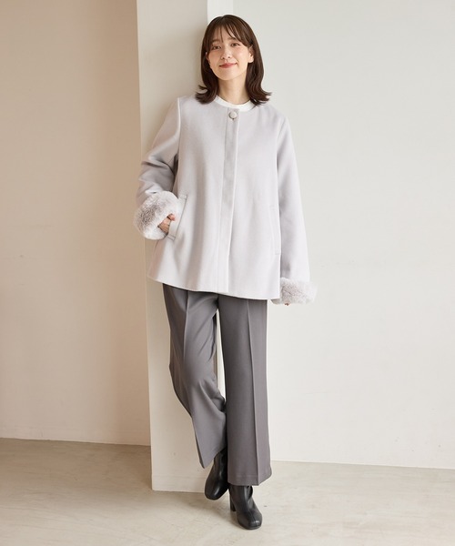 Honeys（ハニーズ）の「ファー付ノーカラーコート（ノーカラーコート・レディース・ライトグレー/モカ/ネイビー/アイボリー・S/M/LL/L/3L）」の20枚目の写真