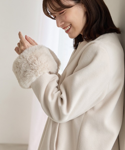 ファー付シャギーノーカラーコート セール】【取り外し可能】フェイクファーカラーシャギーコート（ノー