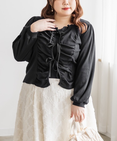 CLETTE(クレット)の「CLETTEオリジナルフロントリボンギャザーデザインカットソー(Tシャツ/カットソー・レディース・テラコッタ/アイボリー/ブラック・LL/3L/4L)」の1枚目の写真