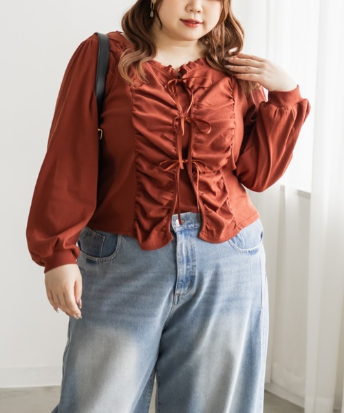 CLETTE(クレット)の「CLETTEオリジナルフロントリボンギャザーデザインカットソー(Tシャツ/カットソー・レディース・テラコッタ/アイボリー/ブラック・LL/3L/4L)」の13枚目の写真