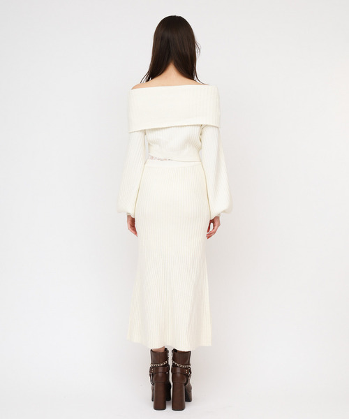 セール】オフショルウエストレースニットマーメイドワンピース