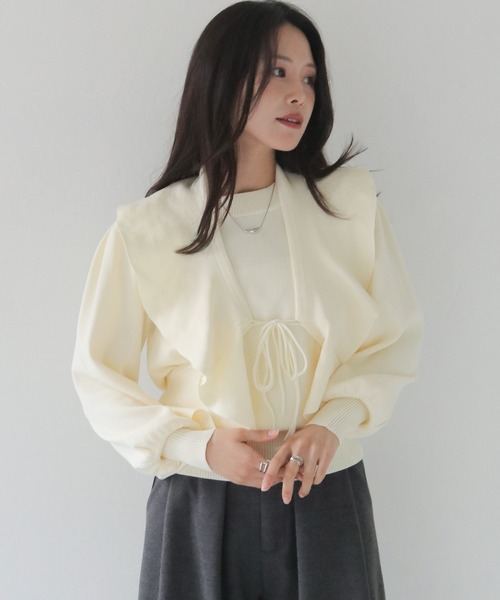 HER CLOSET(ハークローゼット)の「【HER CLOSET】フリルカラー付きマルチウェイニット MULTIWAY KNIT WITH FRILL COLLAR(Tシャツ/カットソー・レディース・ブラック/オフホワイト/グレー・M)」の2枚目の写真