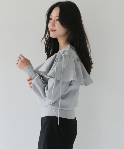 HER CLOSET(ハークローゼット)の「【HER CLOSET】フリルカラー付きマルチウェイニット MULTIWAY KNIT WITH FRILL COLLAR(Tシャツ/カットソー・レディース・ブラック/オフホワイト/グレー・M)」の8枚目の写真