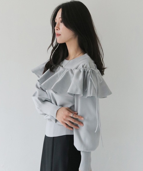 HER CLOSET(ハークローゼット)の「【HER CLOSET】フリルカラー付きマルチウェイニット MULTIWAY KNIT WITH FRILL COLLAR(Tシャツ/カットソー・レディース・ブラック/オフホワイト/グレー・M)」の9枚目の写真