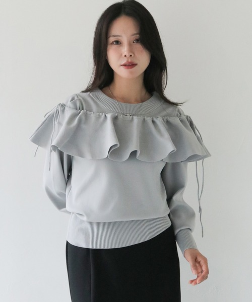 HER CLOSET(ハークローゼット)の「【HER CLOSET】フリルカラー付きマルチウェイニット MULTIWAY KNIT WITH FRILL COLLAR(Tシャツ/カットソー・レディース・ブラック/オフホワイト/グレー・M)」の4枚目の写真