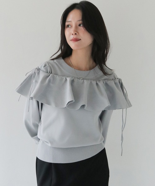 HER CLOSET(ハークローゼット)の「【HER CLOSET】フリルカラー付きマルチウェイニット MULTIWAY KNIT WITH FRILL COLLAR(Tシャツ/カットソー・レディース・ブラック/オフホワイト/グレー・M)」の5枚目の写真