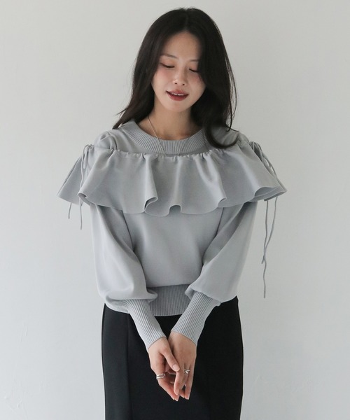 HER CLOSET(ハークローゼット)の「【HER CLOSET】フリルカラー付きマルチウェイニット MULTIWAY KNIT WITH FRILL COLLAR(Tシャツ/カットソー・レディース・ブラック/オフホワイト/グレー・M)」の6枚目の写真