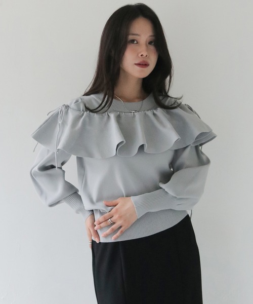 HER CLOSET(ハークローゼット)の「【HER CLOSET】フリルカラー付きマルチウェイニット MULTIWAY KNIT WITH FRILL COLLAR(Tシャツ/カットソー・レディース・ブラック/オフホワイト/グレー・M)」の7枚目の写真