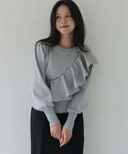 HER CLOSET(ハークローゼット)の「【HER CLOSET】フリルカラー付きマルチウェイニット MULTIWAY KNIT WITH FRILL COLLAR(Tシャツ/カットソー・レディース・ブラック/オフホワイト/グレー・M)」の12枚目の写真