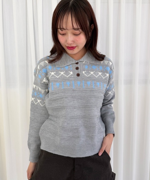 mebole（メボレ）の「ノルディックポロニットトップス（ニット/セーター・レディース・アイボリー/ライトグレー/ダークグレー/ネイビー・FREE）」の2枚目の写真