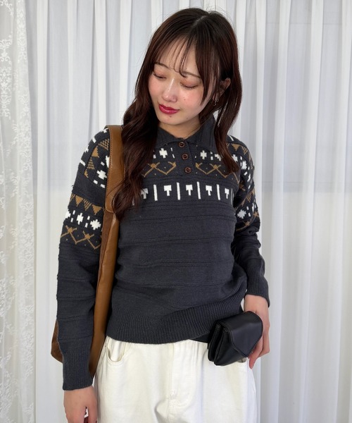mebole（メボレ）の「ノルディックポロニットトップス（ニット/セーター・レディース・アイボリー/ライトグレー/ダークグレー/ネイビー・FREE）」の8枚目の写真