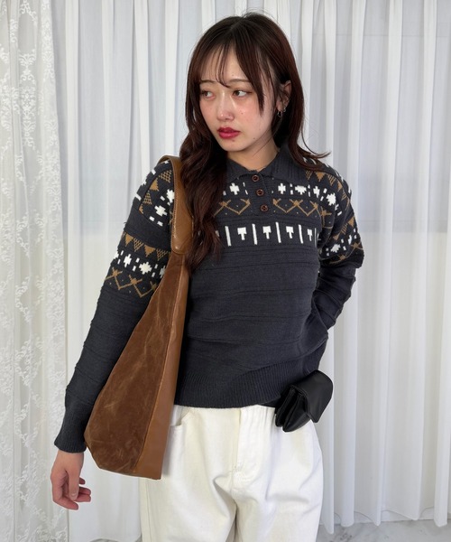 mebole（メボレ）の「ノルディックポロニットトップス（ニット/セーター・レディース・アイボリー/ライトグレー/ダークグレー/ネイビー・FREE）」の11枚目の写真