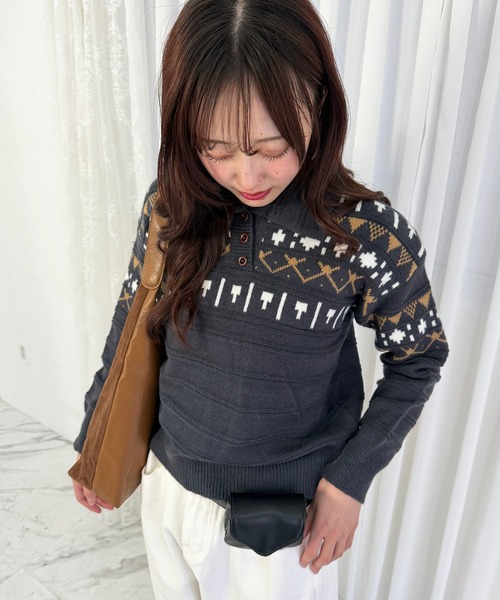 mebole（メボレ）の「ノルディックポロニットトップス（ニット/セーター・レディース・アイボリー/ライトグレー/ダークグレー/ネイビー・FREE）」の6枚目の写真