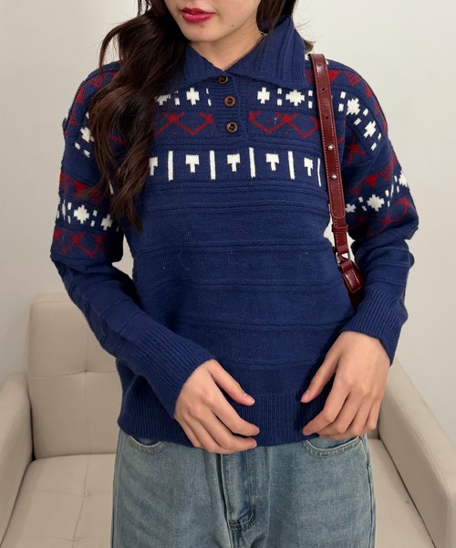 mebole（メボレ）の「ノルディックポロニットトップス（ニット/セーター・レディース・アイボリー/ライトグレー/ダークグレー/ネイビー・FREE）」の17枚目の写真