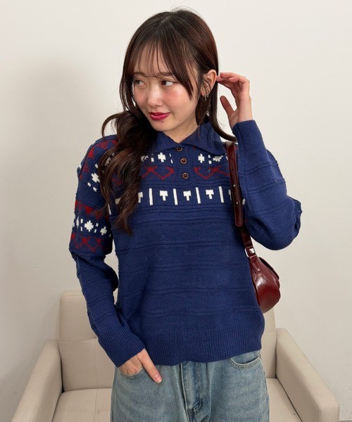 mebole（メボレ）の「ノルディックポロニットトップス（ニット/セーター・レディース・アイボリー/ライトグレー/ダークグレー/ネイビー・FREE）」の16枚目の写真