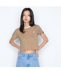 NO PLAN オーバルロゴストライプクロップTシャツ_ブルー/オレンジ