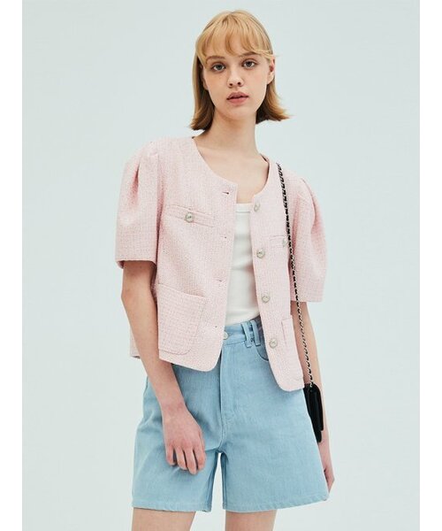 パフスリーブツイードジャケット_ピンク