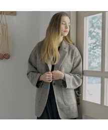 Check Herringbone Oversize Jacket - BROWN