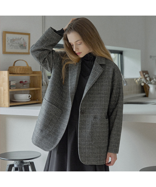 AVANT-G(アバン)の「Check Herringbone Oversize Jacket - BROWN(テーラードジャケット・レディース・ライトグレー/ブラック/ブラウン・FREE)」の2枚目の写真