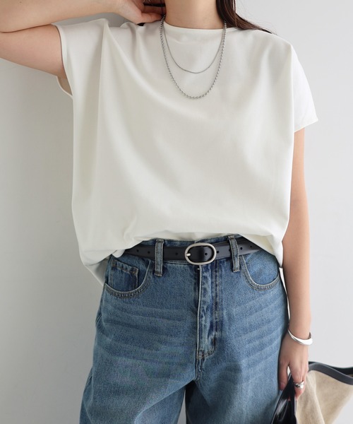 andme(アンドミー)の「きれいめポンチ2wayトップス(Tシャツ/カットソー・レディース・ネイビー/ブラウン/ホワイト/グレイッシュベージュ/グレー系その他/ブラック・L/M)」の1枚目の写真