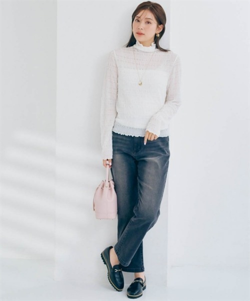 nissen(ニッセン)の「ぽこぽこシアーハイネックトップス(Tシャツ/カットソー・レディース・ホワイト系その他/ブラック/オフホワイト・S/M/LL/L)」の7枚目の写真