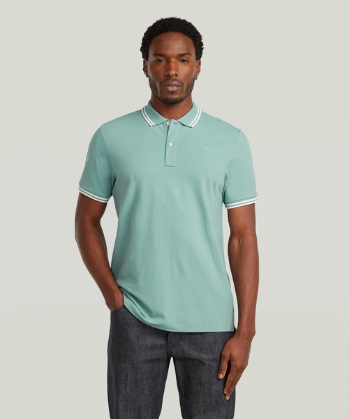 G-STAR(ジースター)の「DUNDA SLIM STRIPE POLO/ベーシックデザインワンポイントロゴストライプポロシャツ(ポロシャツ・メンズ・ライトブルー/ライトグリーン・LARGE/MEDIUM/SMALL/X-SMALL/X-LARGE)」の1枚目の写真
