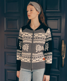 VINTAGE FLOWER KNIT ZIP UP GRAY