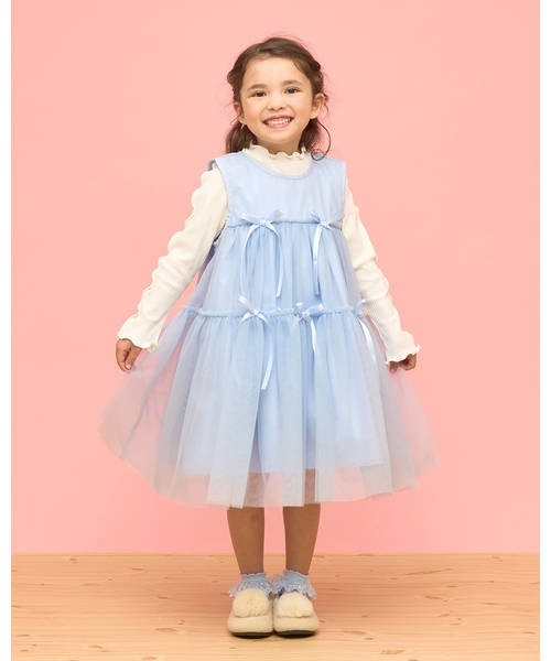 Lycee mine（リセマイン）の「ふんわりチュールティアードワンピース（ワンピース・キッズ・ブラック/ブルーグレー/グレイッシュベージュ/アイボリー・110cm/100cm/150cm/140cm/130cm/120cm）」の3枚目の写真