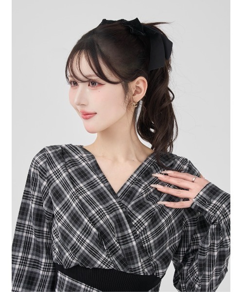 カシュクールチェックタイトニットミニワンピース（ワンピース