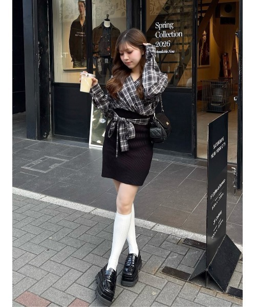カシュクールチェックタイトニットミニワンピース（ワンピース