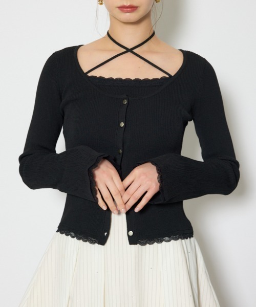 rienda（リエンダ）の「レースディティールニットカーディガンセット 春服（カーディガン/ボレロ・レディース・グレー/ブラック/レッド・FREE）」の2枚目の写真
