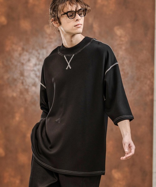 CAMBIO(カンビオ)の「mt10321- カラーステッチモックネックカットソー(Tシャツ/カットソー・メンズ・グレイッシュベージュ/ブラック/ホワイト・M/L/XL)」の8枚目の写真