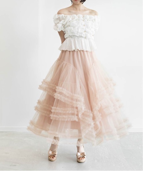 RANDA(ランダ)の「フリルティアードチュールスカート(スカート・レディース・ピンク/ホワイト/ブラック・0/1)」の4枚目の写真