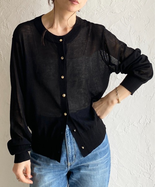 She's Closet(シーズクローゼット)の「UVカット 接触冷感 金ボタン 長袖 麻タッチ シアー ニットカーディガン(カーディガン/ボレロ・レディース・イエロー/ブラック/ホワイト/バーガンディー・FREE)」の2枚目の写真