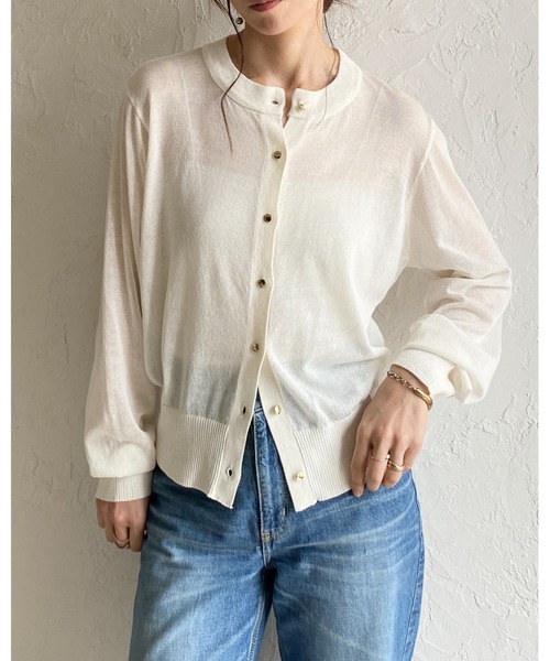 She's Closet(シーズクローゼット)の「UVカット 接触冷感 金ボタン 長袖 麻タッチ シアー ニットカーディガン(カーディガン/ボレロ・レディース・イエロー/ブラック/ホワイト/バーガンディー・FREE)」の8枚目の写真