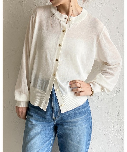 She's Closet(シーズクローゼット)の「UVカット 接触冷感 金ボタン 長袖 麻タッチ シアー ニットカーディガン(カーディガン/ボレロ・レディース・イエロー/ブラック/ホワイト/バーガンディー・FREE)」の16枚目の写真