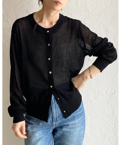 She's Closet(シーズクローゼット)の「UVカット 接触冷感 金ボタン 長袖 麻タッチ シアー ニットカーディガン(カーディガン/ボレロ・レディース・イエロー/ブラック/ホワイト/バーガンディー・FREE)」の15枚目の写真