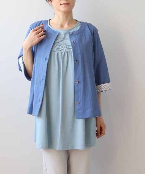 MB mint breeze(エムビーミントブリーズ)の「【LL~6L 大きいサイズ】【WEB/一部店舗限定】フロントシャーリングチュニック(Tシャツ/カットソー・レディース・サックスブルー/ネイビー/ライトグリーン・6L/5L/4L/3L/LL)」の6枚目の写真