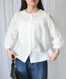 【indian Cotton Collection】ノーカラー切替刺繍ブラウス