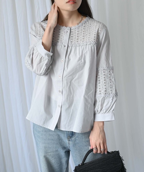 ＆HALF（アンドハーフ）の「【indian Cotton Collection】ノーカラー切替刺繍ブラウス（テーラードジャケット・レディース・ブラック/オフホワイト/ライトグレー・M）」の9枚目の写真