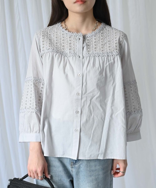 ＆HALF（アンドハーフ）の「【indian Cotton Collection】ノーカラー切替刺繍ブラウス（テーラードジャケット・レディース・ブラック/オフホワイト/ライトグレー・M）」の14枚目の写真