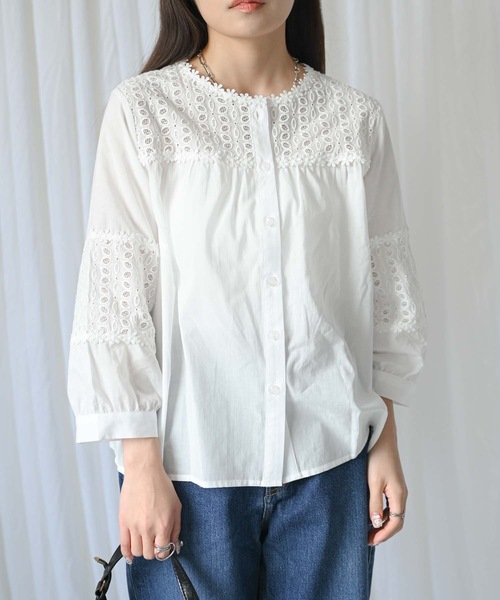 ＆HALF（アンドハーフ）の「【indian Cotton Collection】ノーカラー切替刺繍ブラウス（テーラードジャケット・レディース・ブラック/オフホワイト/ライトグレー・M）」の17枚目の写真
