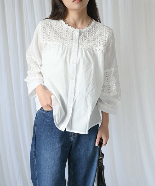 ＆HALF（アンドハーフ）の「【indian Cotton Collection】ノーカラー切替刺繍ブラウス（テーラードジャケット・レディース・ブラック/オフホワイト/ライトグレー・M）」の20枚目の写真